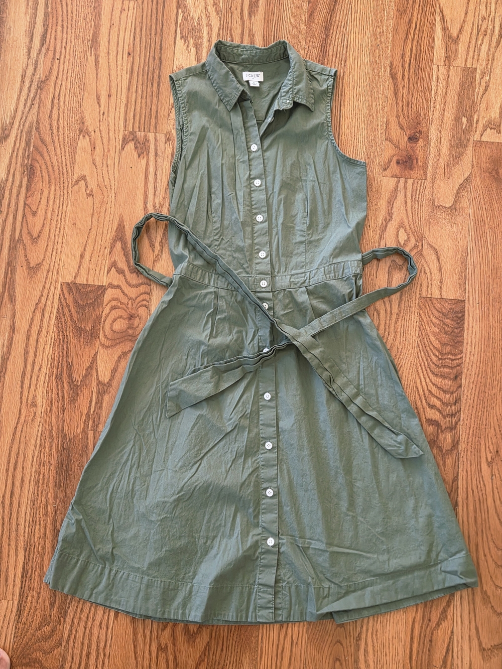 J. Crew Olive Green Sleeveless Button-Front Shirt Dress with Waist Tie